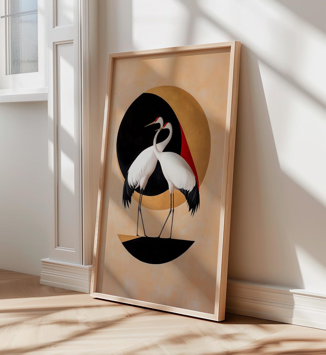 Two Red Crowned Cranes Forming Heart Gold Circle Japanese Art Poster