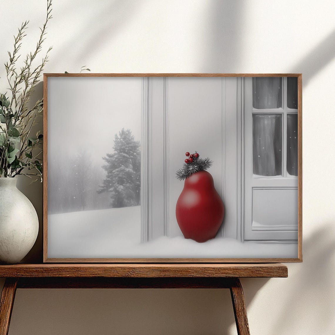 Red Matryoshka Doll Snowing Windowsill Winter Scene Painting Poster - Image 5