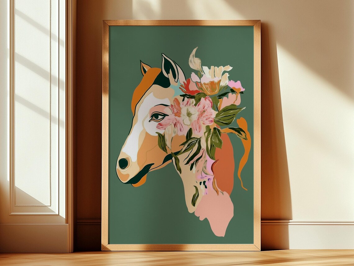 Horse Head Floral Mane Sage Green Abstract Oil Painting Poster