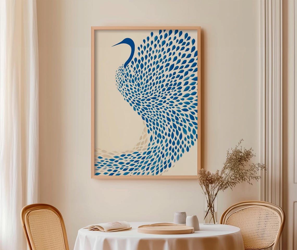Blue Dotted Egret Petal Design Japandi Minimalist Art Poster - Image 2