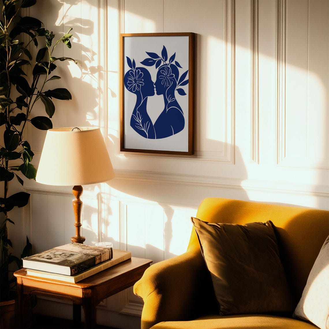 Royal Blue Kissing Faces Floral Abstract Female Silhouette Poster - Image 2