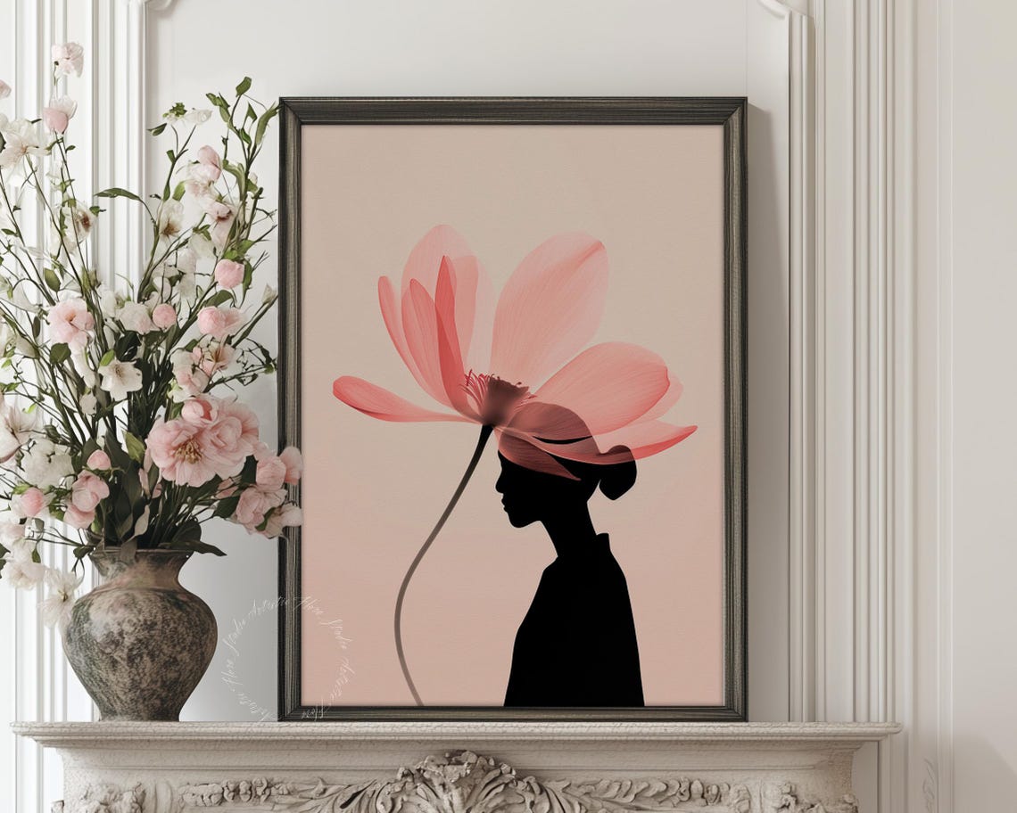 Woman Silhouette Pink Cosmos Flower Bloom Feminine Abstract Poster - Image 2