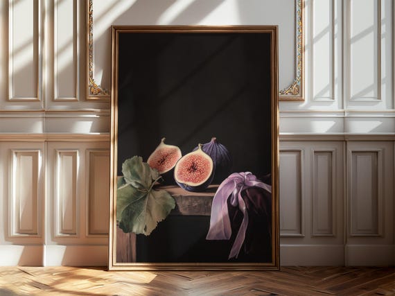Still Life Art Fig Fruit Vintage Oil Painting Print Purple Bow Illustration Elegant Home Decor Rustic Cottage Kitchen Interior Wall Art 42