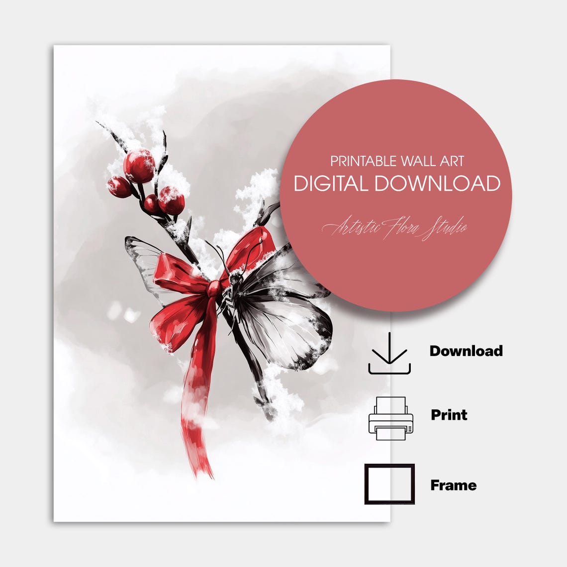 Red Bow Winterberry Branch With Butterfly Snow Painting Poster - Image 5