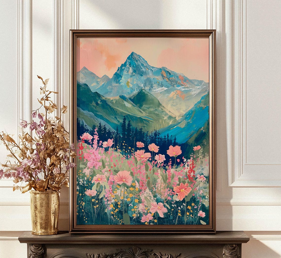 Alpine Mountain Peaks Wildflower Meadow Colorful Oil Painting Poster - Image 3