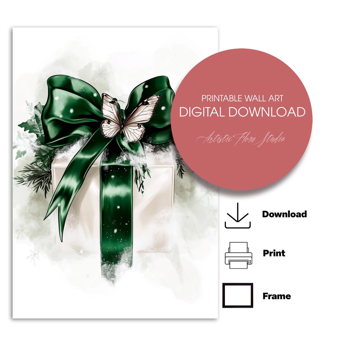 Emerald Green Bow Christmas Gift Box With Butterfly Art Poster - Image 2