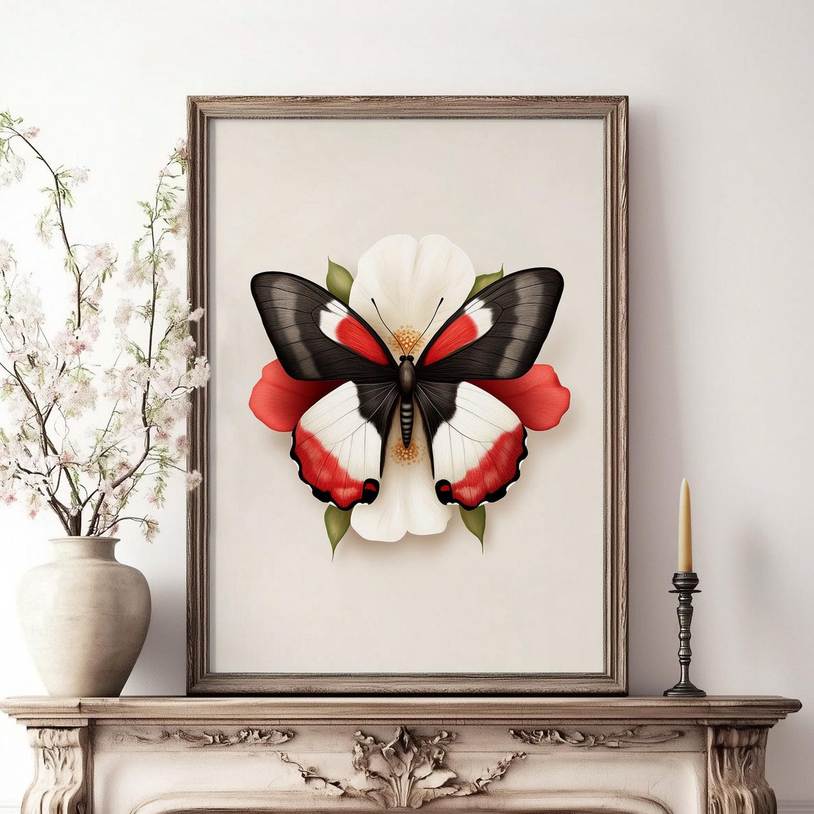 Bold Red Black White Butterfly on Flower Botanical Art Poster - Image 4