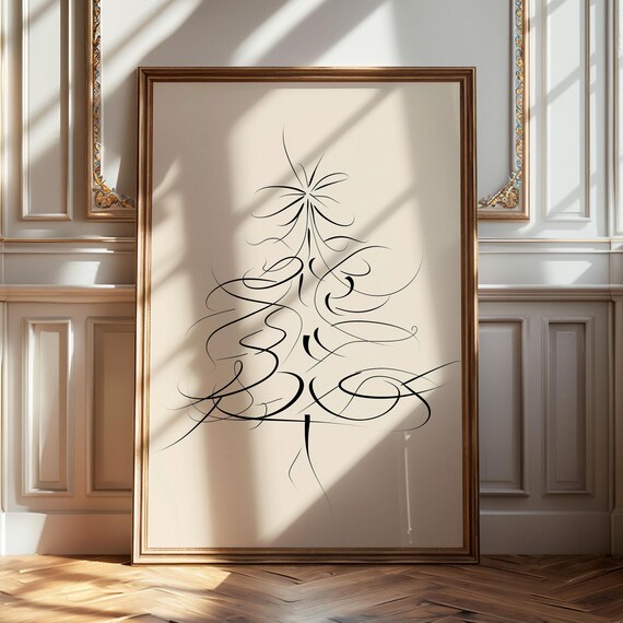 Calligraphic Line Art Christmas Tree Minimalist Ink Sketch Poster