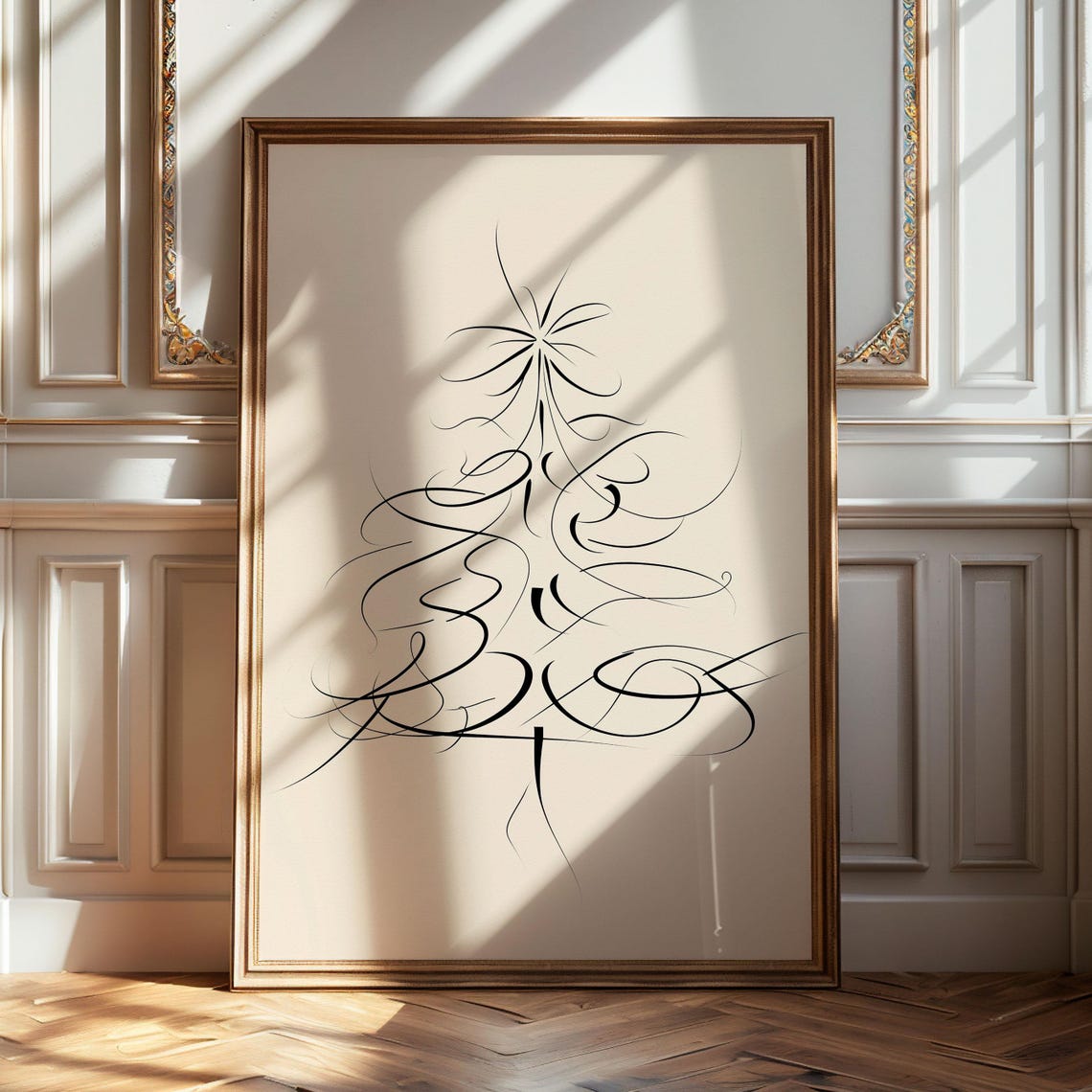 Calligraphic Line Art Christmas Tree Minimalist Ink Sketch Poster
