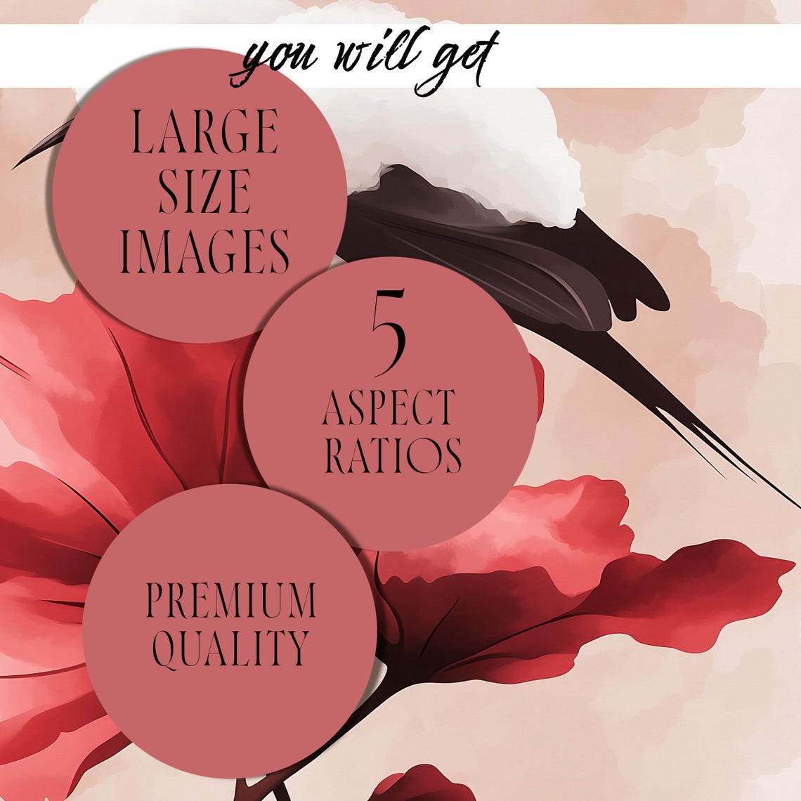 Fluffy Black White Bird Red Blossom Soft Watercolor Art Poster - Image 2