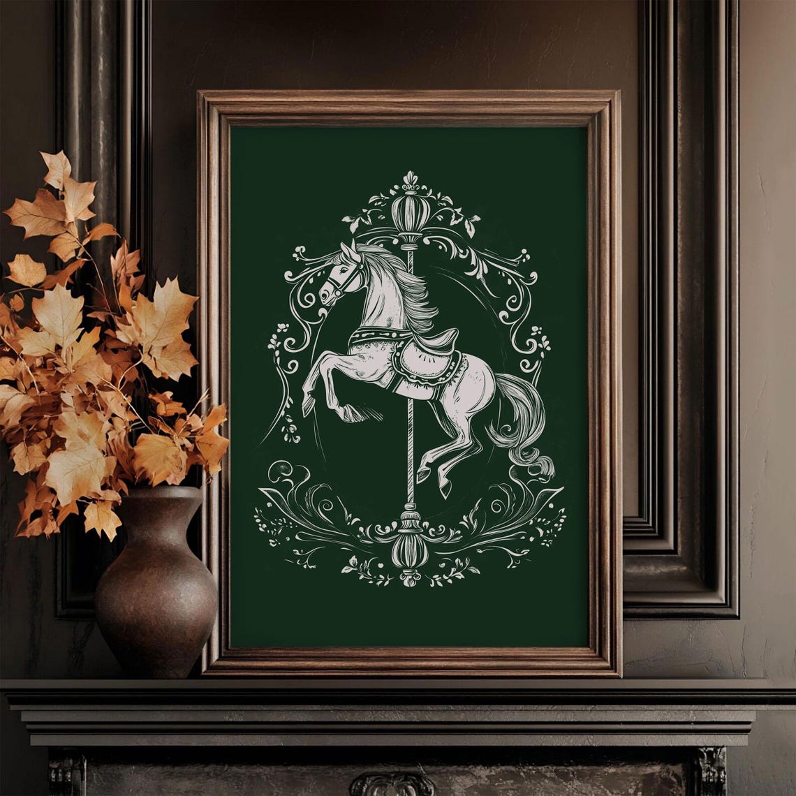 Antique White Carousel Horse Dark Green Vintage Style Poster - Image 3
