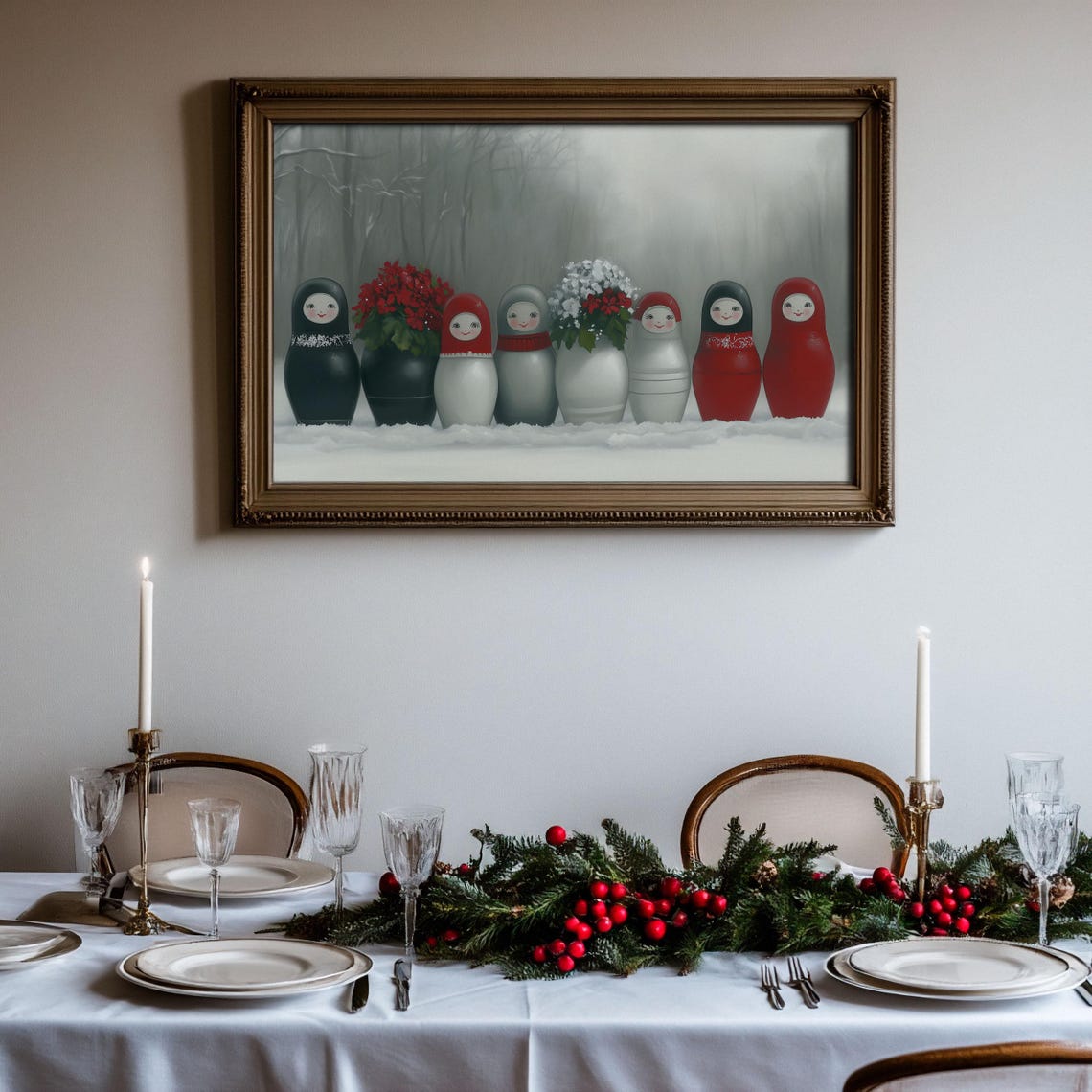 Matryoshka Nesting Dolls With Poinsettias In Snowy Forest Poster - Image 2