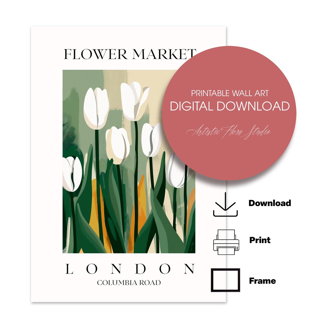 London Flower Market White Tulips Columbia Road Botanical Poster - Image 2