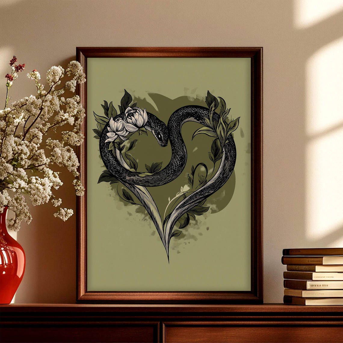 Black Snake Heart Coiled Peony Flowers Sage Green Decor Poster - Image 4