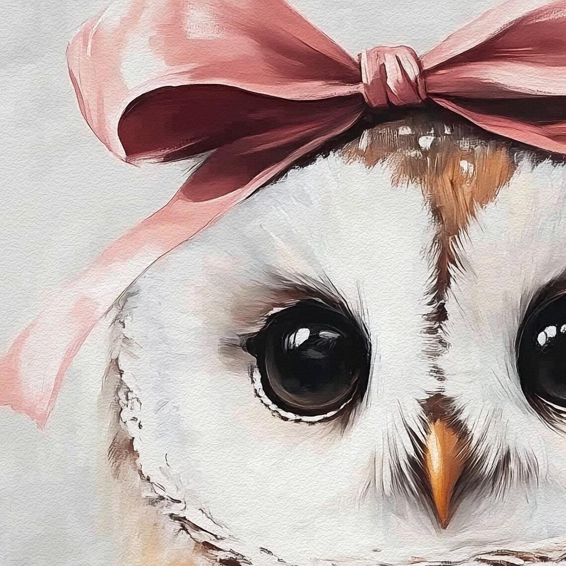 Cute White Owl Pink Bow Big Eyed Winter Bird Portrait Poster - Image 2