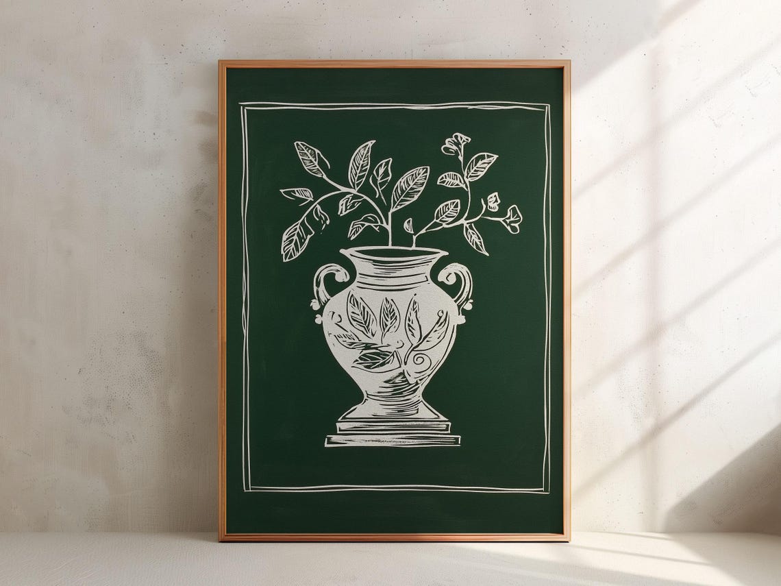 White Line Art Classical Vase on Dark Green Hand Drawn Poster