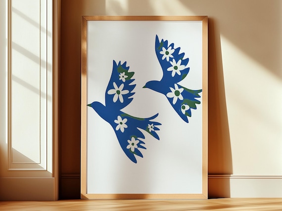 Two Blue Swallows With White Daisies Folk Art Cutout Bird Poster