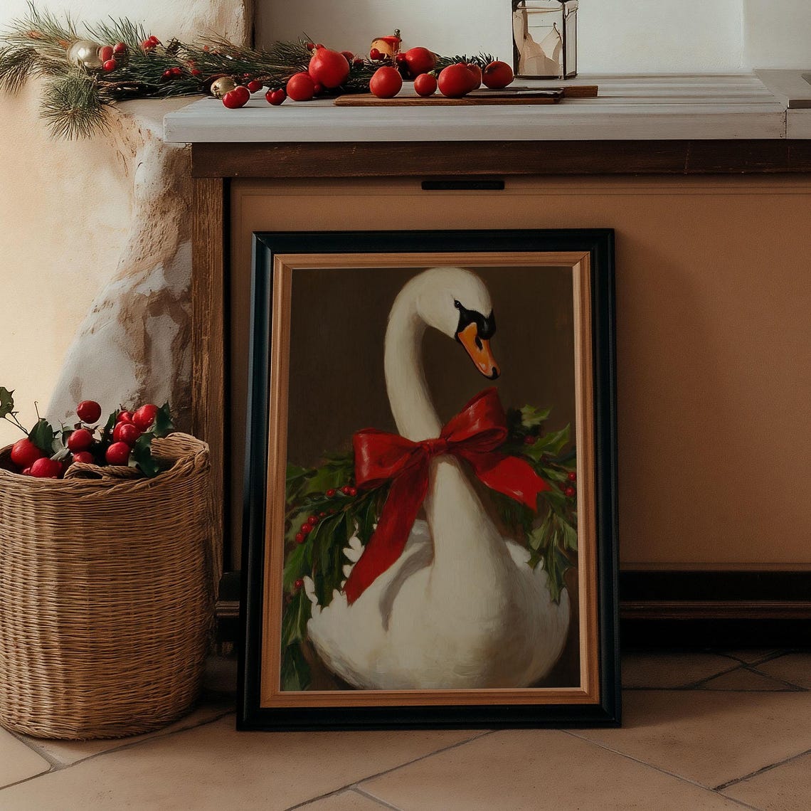 White Swan With Red Bow And Holly Berries Christmas Painting Poster - Image 2