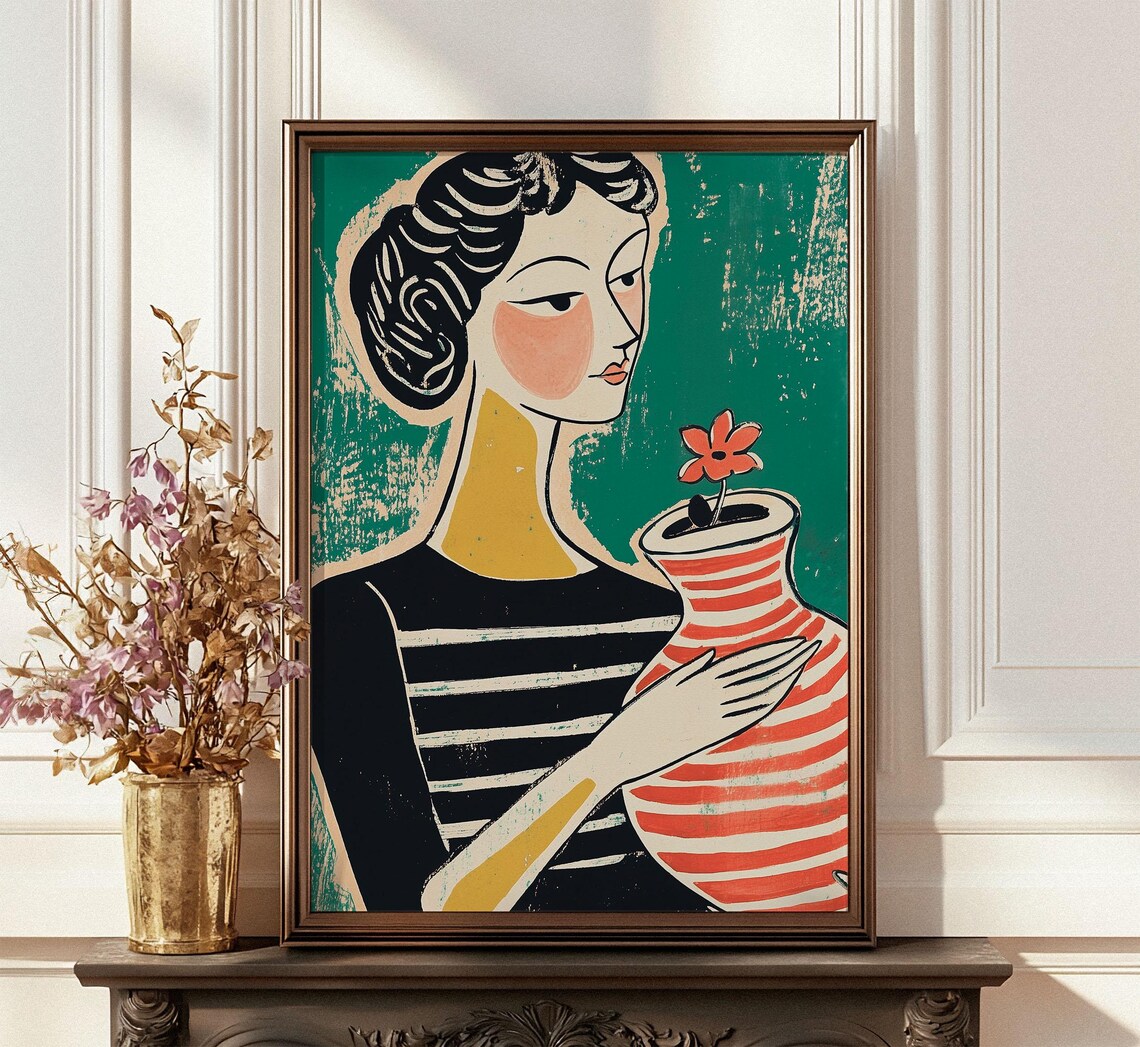 Woman In Breton Stripe Top Holding Coral Striped Flower Vase Poster - Image 5