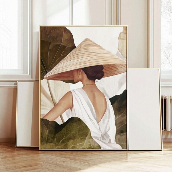 Asian Woman Portrait Print Conical Hat Botanical Wall Art
