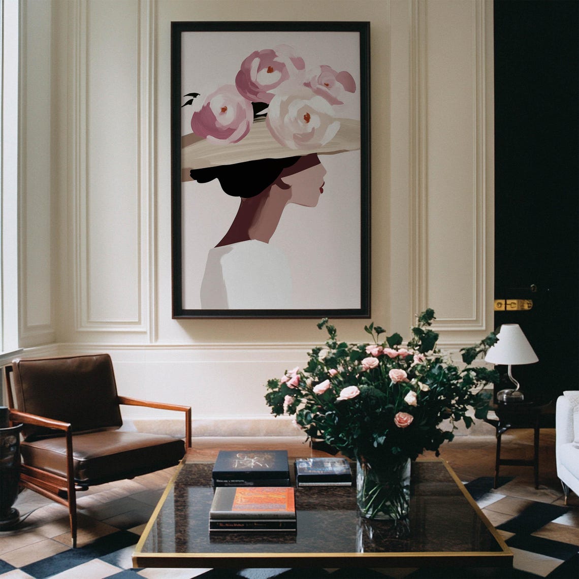 1950s Woman Wall Art Feminine Profile Portrait Oil Painting Floral Hat Illustration Beige Pink Color Palette Art Print File 260 - Image 4