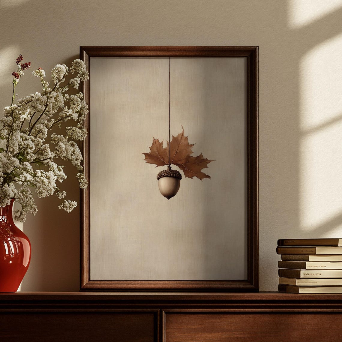 Single Hanging Acorn With Dried Maple Leaf Rustic Minimalist Poster - Image 4