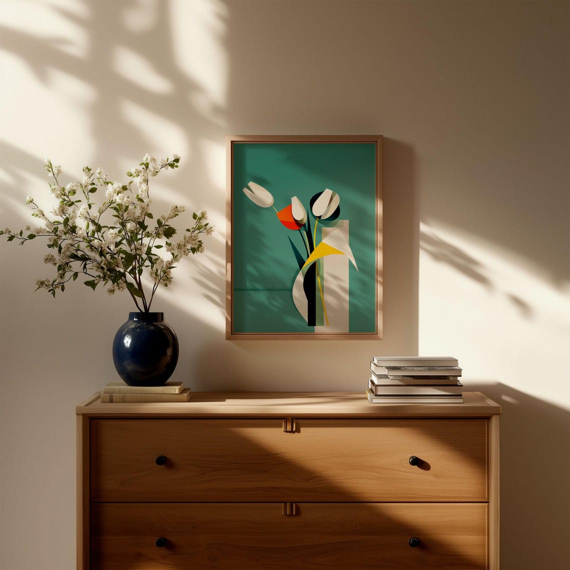 Geometric Tulips Vase Teal Background Cubist Modern Art Poster - Image 3