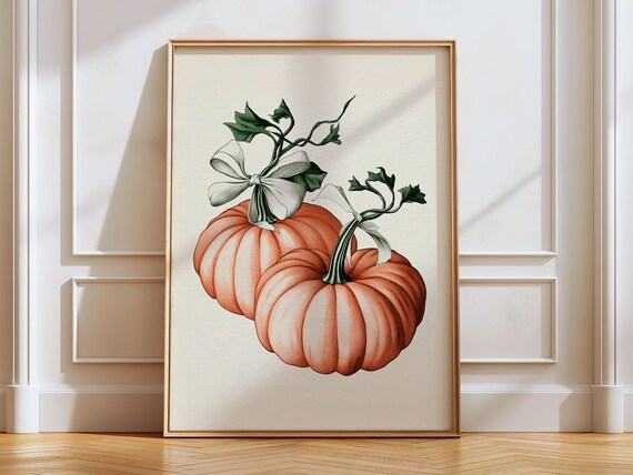 Two Orange Pumpkins Tied With White Bows Autumn Botanical Art Poster