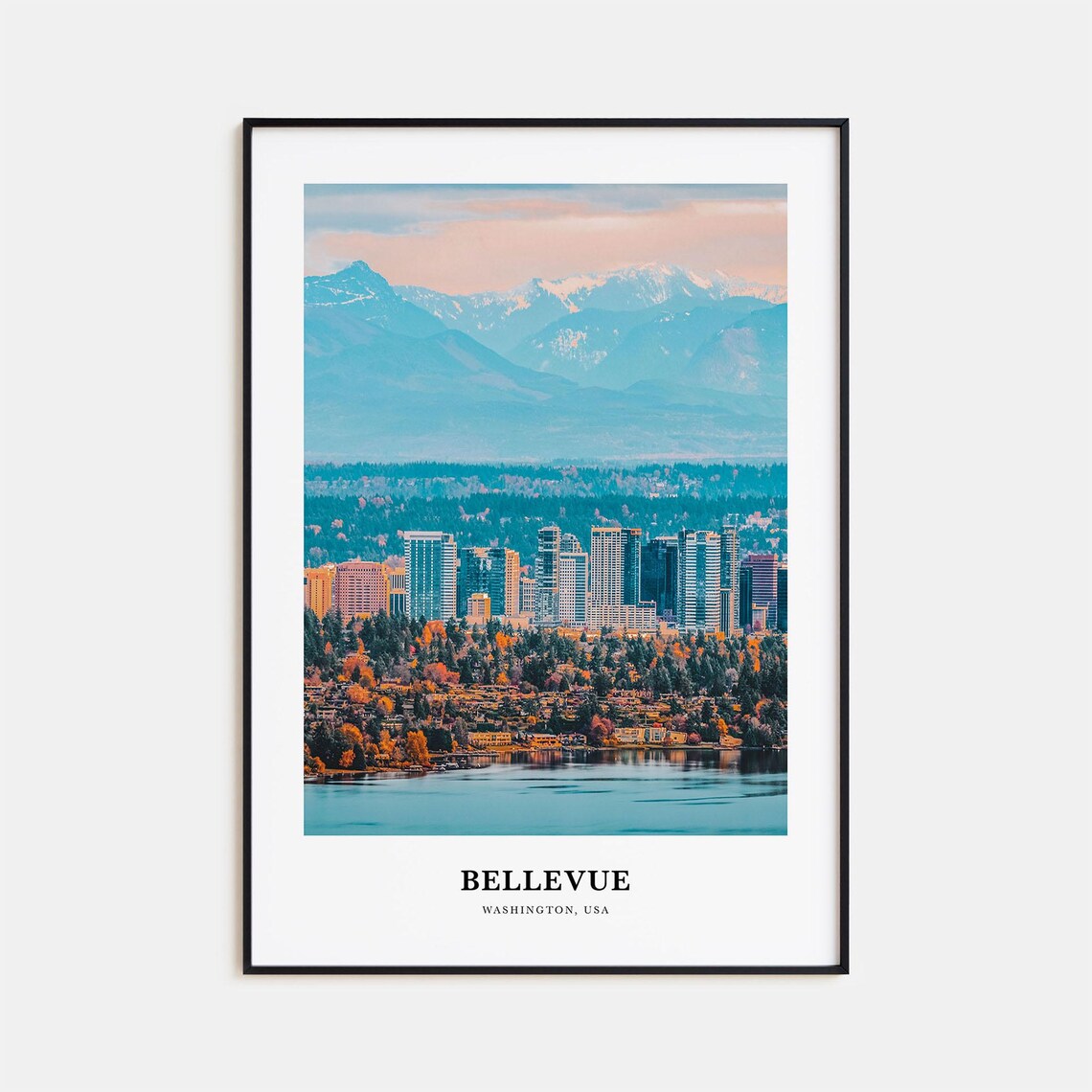 Bellevue Washington Skyline Mountain Lake Minimalist Travel Poster