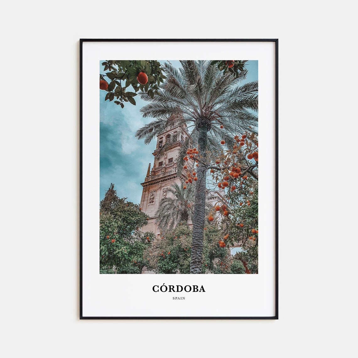 Cordoba Spain Bell Tower Orange Trees Palm Plaza Photo Travel Poster