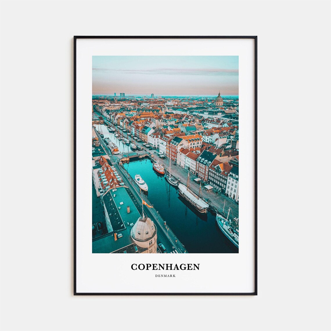 Copenhagen Denmark Nyhavn Harbor Aerial View at Dusk Travel Poster