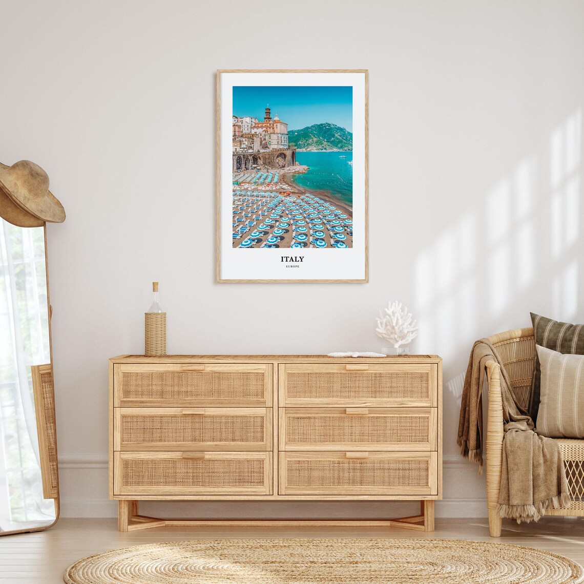 Italy Coastal Town Blue Umbrella Beach Turquoise Sea Photo Poster - Image 2