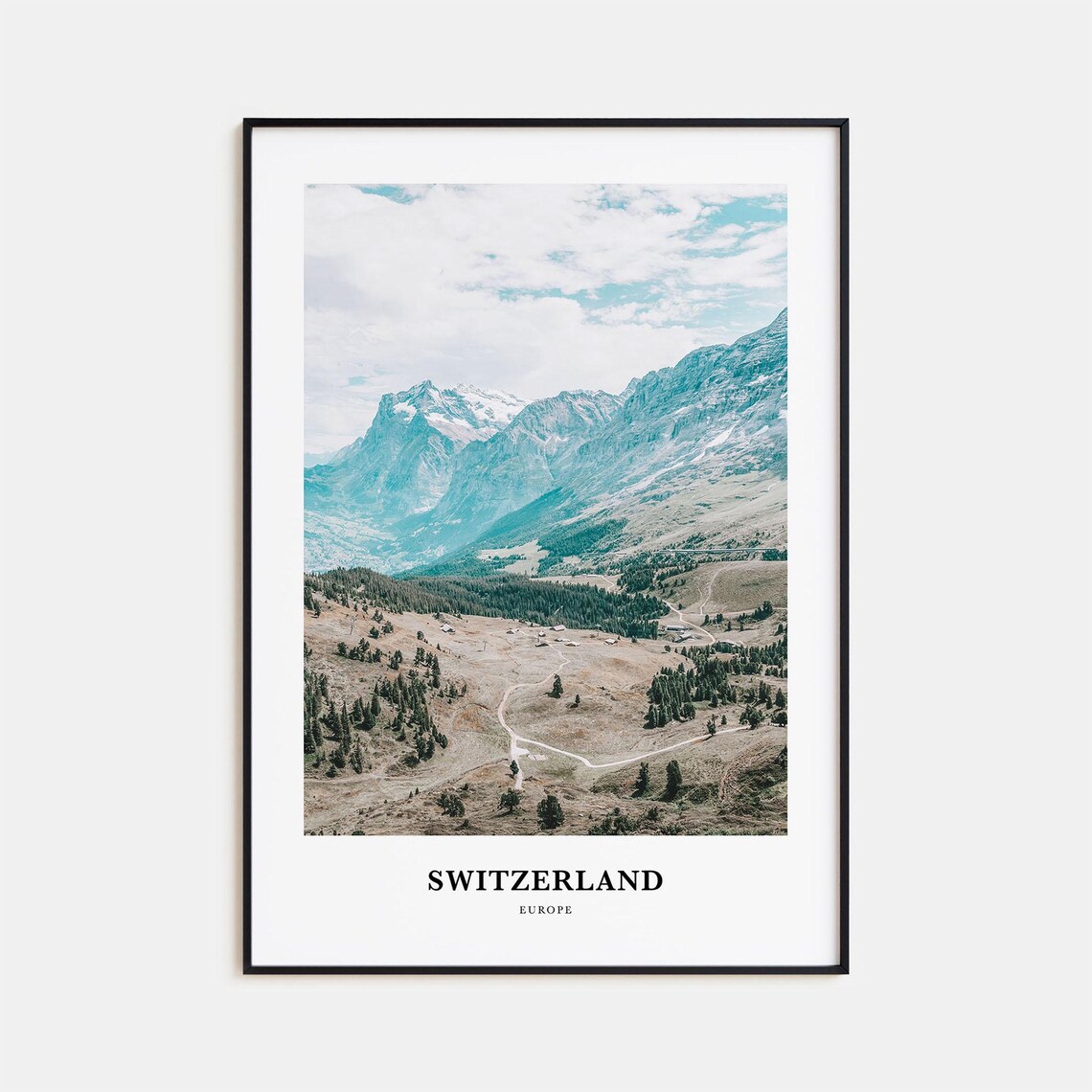 Switzerland Alpine Valley Snow Capped Peaks Travel Photography Poster