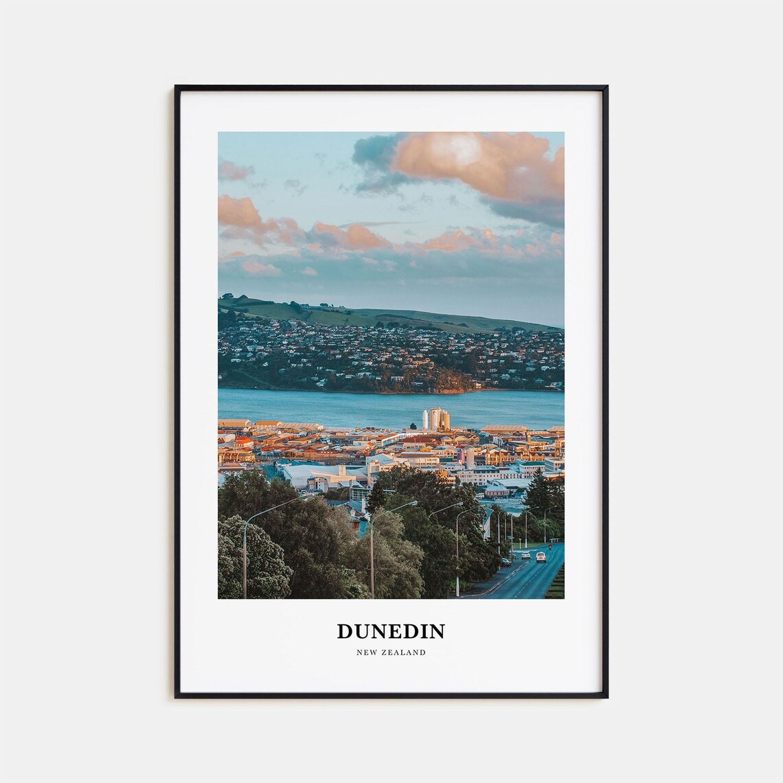 Dunedin New Zealand Harbor Cityscape At Golden Sunset Travel Poster