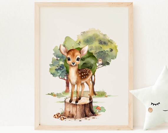 Spotted Baby Fawn Tree Stump Watercolor Woodland Nursery Poster