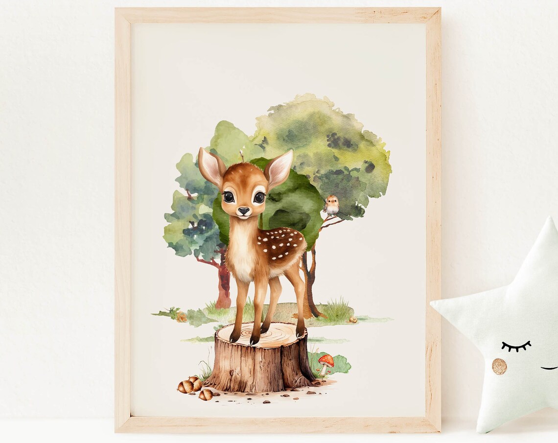 Spotted Baby Fawn Tree Stump Watercolor Woodland Nursery Poster