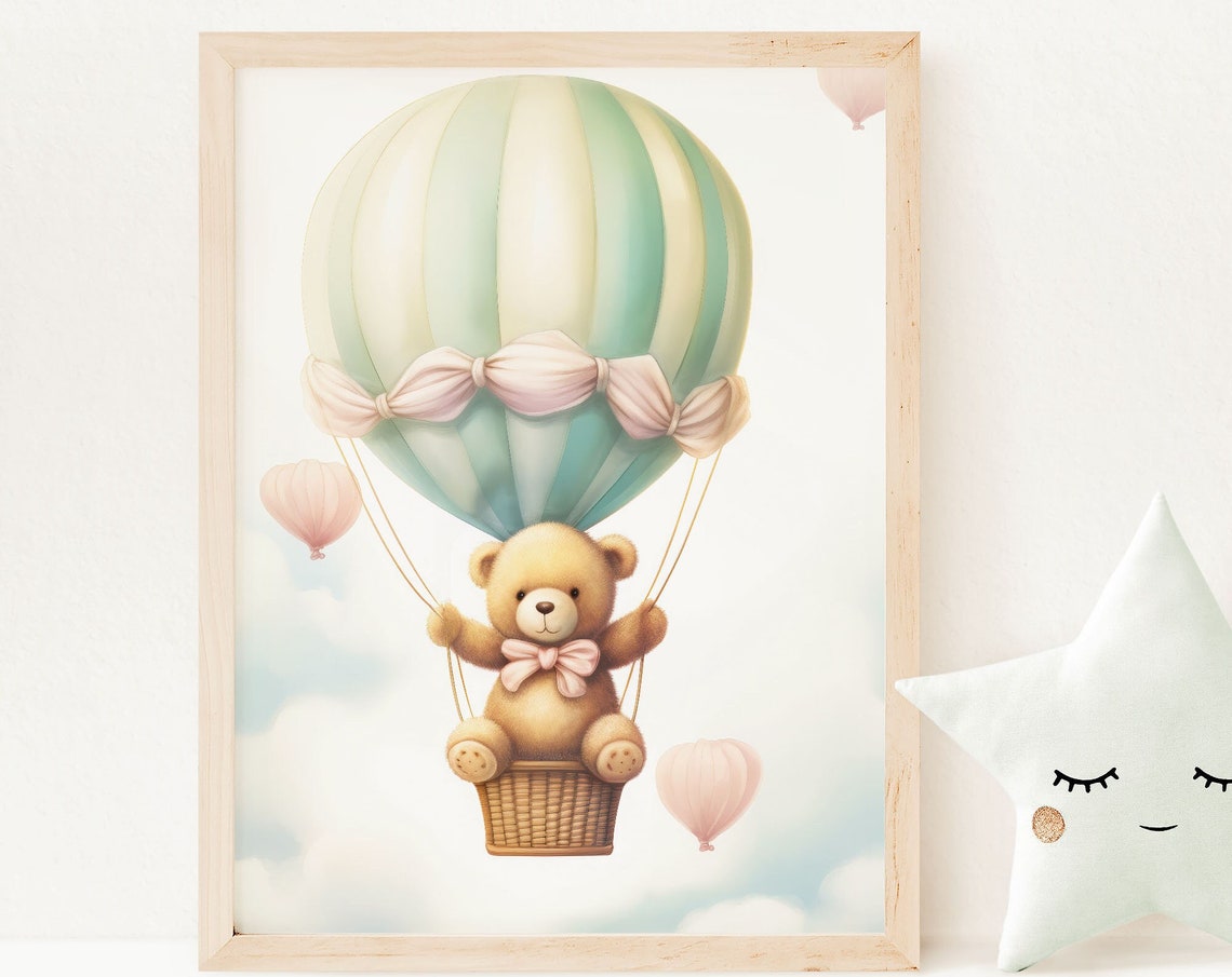 Teddy Bear in Hot Air Balloon Pastel Nursery Baby Room Decor Poster