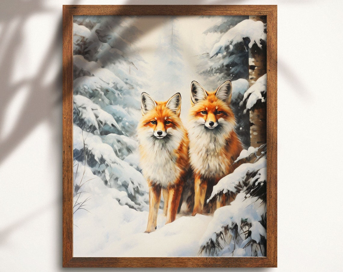 Two Red Foxes Snowy Forest Winter Wildlife Christmas Art Print