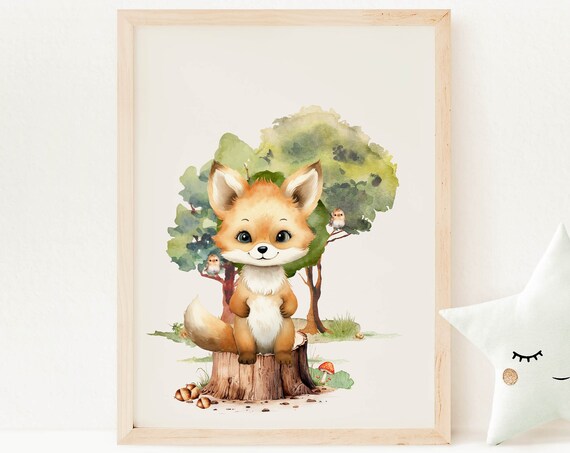 Baby Fox Tree Stump Watercolor Woodland Nursery Animal Poster