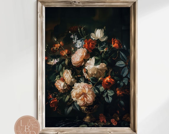Vintage Rose Botanical Artful Wall Art Print Dark Academia Floral Rose Art Still Life Moody Roses Cottagecore Decore Instant Fv1