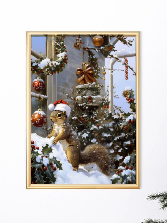 Christmas Wall Art Squirrel Cute Santa Hat Squirrel Festive Holiday Dcor Kids Rooms Instant Winter Art Print