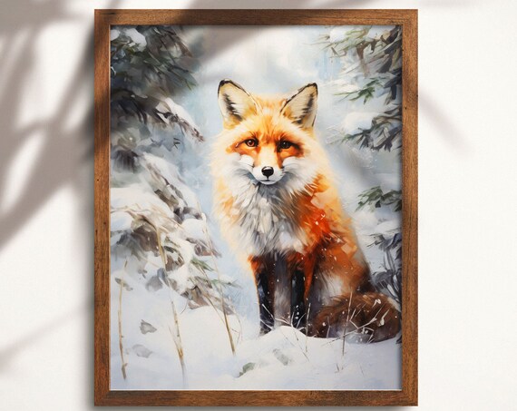Red Fox Sitting in a Snowy Fir Forest Watercolor Animal Art Print