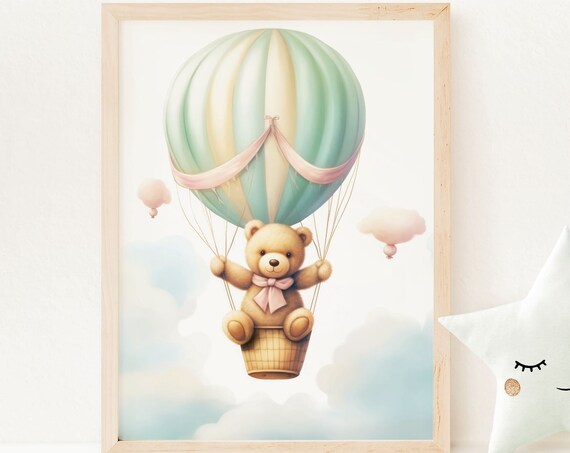 Hot Air Balloon Nursery Print Cute Bear Nursery Print Teal Nursery Dcor Gift Vintage Flying Balloon With Teddy Wall Art B1