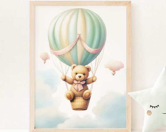 Teddy Bear Hot Air Balloon Pastel Mint Clouds Nursery Poster