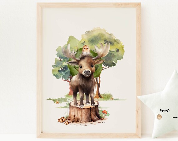 Baby Moose Tree Stump Tiny Owl Watercolor Woodland Nursery Poster