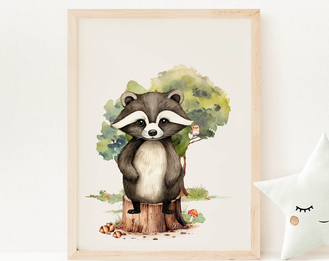 Baby Raccoon Tree Stump Watercolor Forest Nursery Animal Poster
