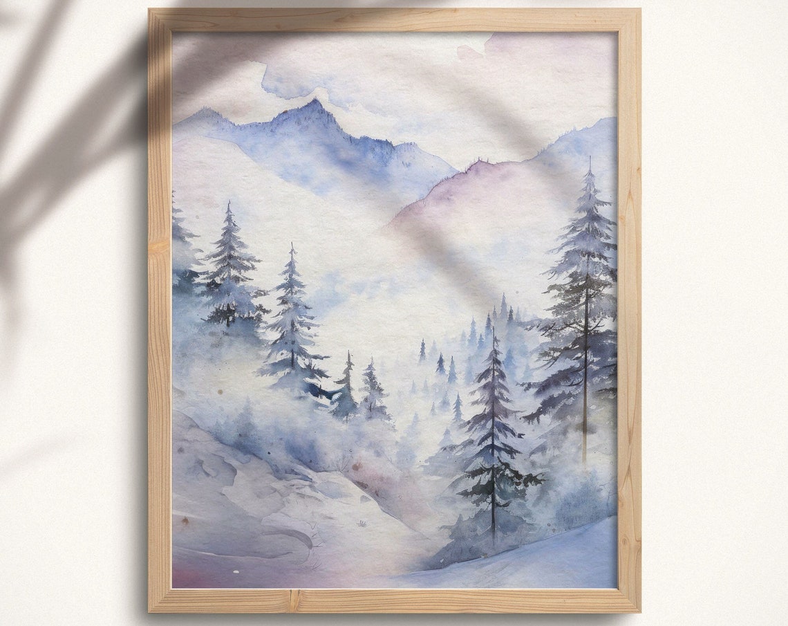Snowy Mountain Forest Mist Winter Watercolor Landscape Art Print