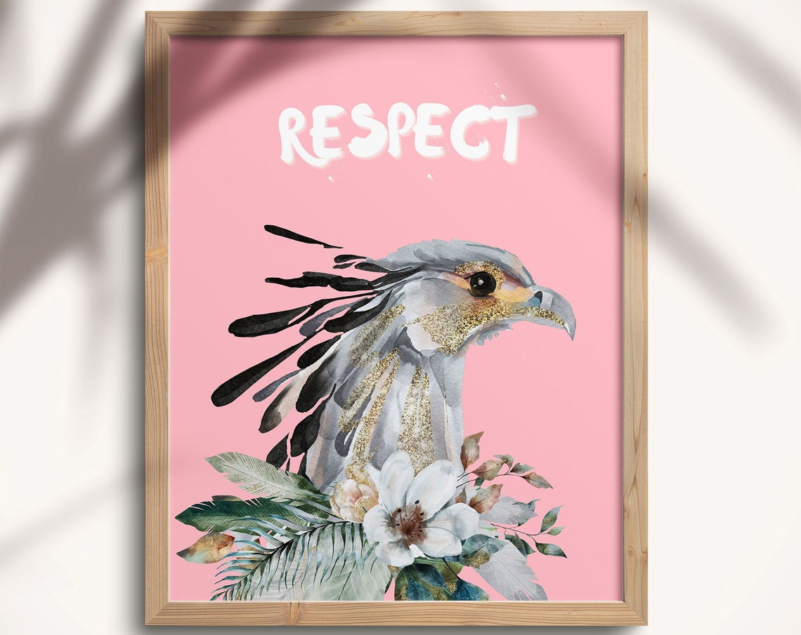 Respect Eagle Head Pink Floral Watercolor Preppy Bird Art Poster