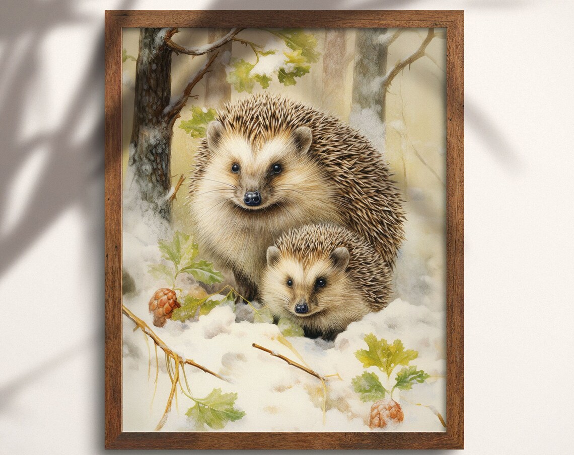 Winter Hedgehogs Mother Baby Snowy Woodland Nursery Art Print