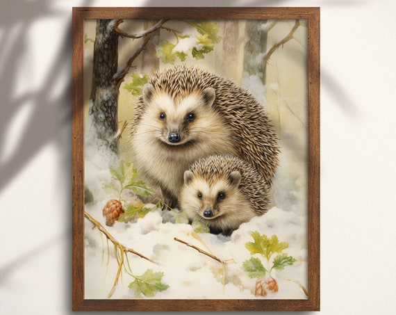 Winter Hedgehogs Woodland Art Print Instant Dowland Cute Nursery Art Forest Animals Art Snowy Forest Scene Art No4 Wa01